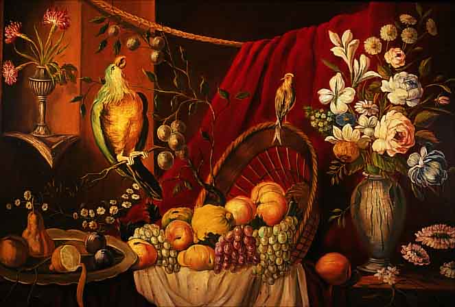 UNBEKANNTER KüNSTLER, UM 1880, PRACHTVOLLES STILLEBEN MIT PAPAGEI, FRüCHTESCHALE, BLUMEN VOR EINEM VORHANG, ÖL/ LWD. (REST.), UNSIGN. CA. 79 X ...
