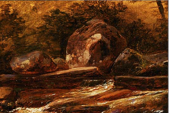 UNBEKANNTER KüNSTLER, UM 1830, DRESDNER SCHULE, HIER: BACHLAUF MIT FELSEN, ÖL/PAPIER/ HOLZ, DAT. 1835, UNLESERL. BEZ., CA. 25 X 34 CM, R.