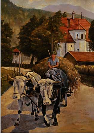 UNBEKANNTER KüNSTLER, UM 1930, BAUER AUF VONOCHSEN GEZOGENEM HEUWAGEN, ÖL/LWD., UNLESERL. SIGN., CA. 55 X 38 CM. R.