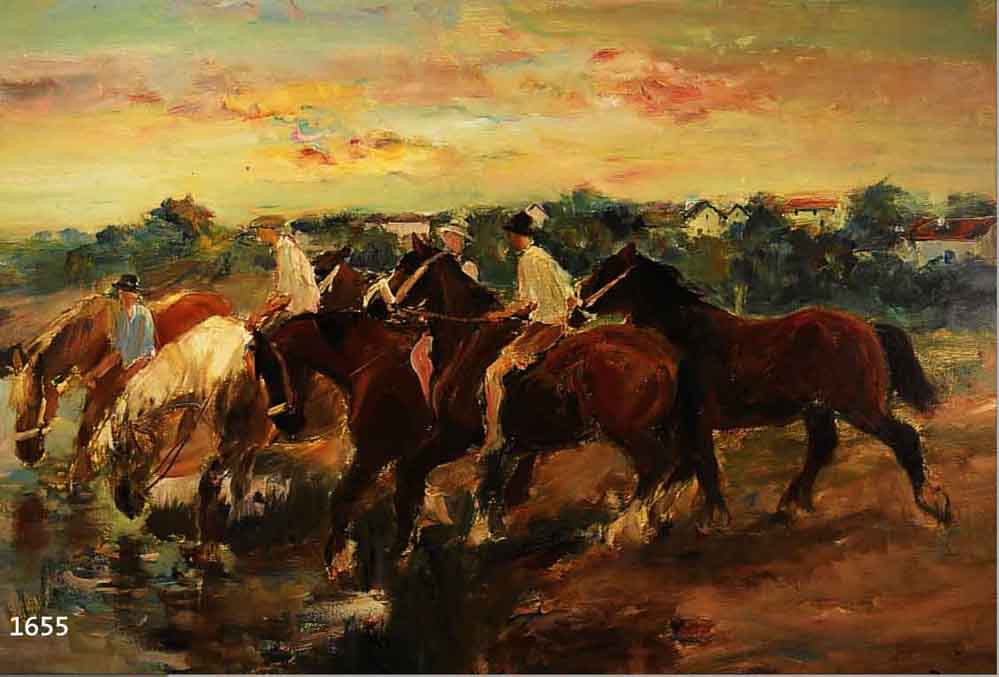 DILL, OTTO, 1884 NEUSTADT-1957 BAD DüRKHEIM, PFERDE AN DER TRäNKE, ÖL/MALKARTON, RECHTS UNTEN SIGNIERT, CA. 70 X 100 CM, R., ENTSTAN- DEN WOHL ...