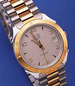 GUB HERRENARMBANDUHR AUTOMATIK, DEUTSCHLAND UM 1991, METALL VERCHR., EDELST.-BODEN GEDR., BEIDS. MINERALFLACHGL., LüNETTE U. ZWISCHENGL.DES ...