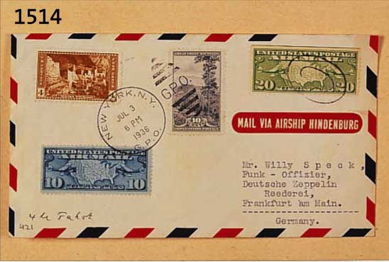 BRIEFUMSCHLAG, BEFöRDERT VOM ZEPPELIN HINDENBURG 3.JULI 1936, ABGESTEMPELT IN NEW YORK, AN DEN FUNK- OFFIZIER ...