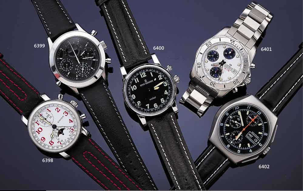 EDOX ARMBANDCHRONOGRAPH VOLLKALENDER INCLUSIVEMONDPHASE, TEILSKELETT., SCHMUCKGRAV. U. VERG., BEIDS. SAPHIRVERGL., BOMB., KORREKTUR- DR. SEITL. ...