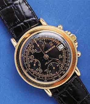 RUBENS ARMBANDCHRONOGRAPH AUTOMATIK, SCHWEIZ UM 1990, METALL HARTVERG., EDELST.-BODEN GE- DR., BASISKAL. ETA/VALJOUX 7750, 25 ST., IN- CABL., ...