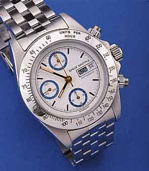 SPACESHUTTLE ARMBANDCHRONOGRAPH AUTOMATIK, SCHWEIZ UM 1999, MASSIV EDELST. INCL. EDELST.-BAND, TEILW. SAT., TEILW. POL., BODEN, KRONE U. DRüCKER ...