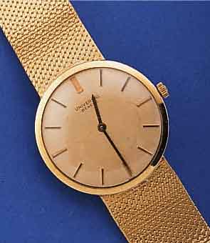 UNIVERSAL GENEVE HERRENGOLDBANDUHR, GG 750/ 000-GEH. INCL. NACHTR. ANGES. GG 750/000- FLECHTBAND, GLASR. GEDR., FLACHE GESAMTAUSF., SAT. BLATT, ...