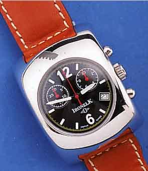 IRONELC RENNSPORTCHRONOGRAPH (CHRONODRIVER), EDELST. POL., AUF AUßENWRIST DES ARMGELENKES ZU TRAGEN, EXTREM IN SICH GEW., BOMB. MINERAL-GL., ...