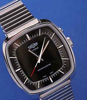 VULCAIN CRICKET ARMBANDWECKER, SCHWEIZ UM 1970, METALL HARTVERCHR., EDELST.-BODEN GEDR.,NEUTR. EDELST.-BAND, MINERALFLACHGL., ETUI, UNGETR. ...