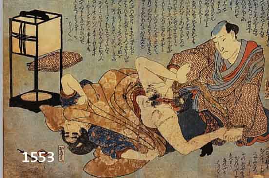 BLATT AUS EINEM SHUNGA-BUCH, JAPAN, UM 1830, FARBHOLZSCHNITT, DOPPELBLATT MIT BUGFALTE, GEBRäUNT, LEICHT BESCH., CA. 19 X 26,5 CM, PP