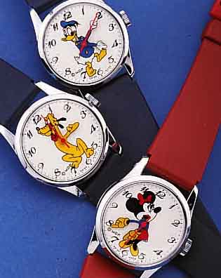 KONVOLUT: 4 COMICUHREN WALT DISNEY PROD., MICKEY MOUSE, MINNIE MOUSE, DONALD DUCK, PLUTOSCHWEIZ ENDE 60ER JAHRE, KUNSTSTOFFBäNDER, ...