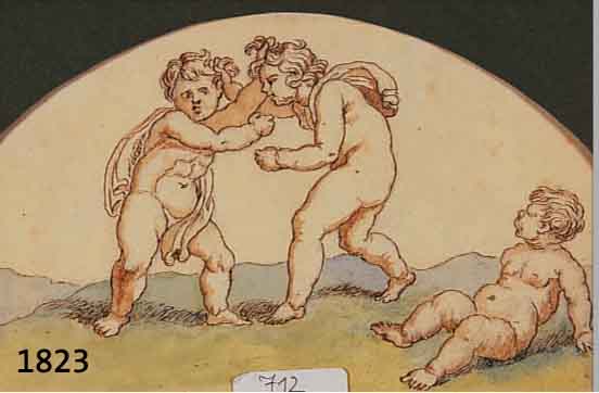 UNBUNBEKANNTER MALER, ANFANG 19. JH., DREI SPIELENDE PUTTI, AQUARELLIERTE FEDER- ZEICHNUNG, CA. 9 X 14 CM, PP