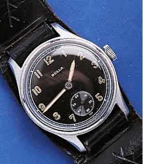 BULLA MIBULLA MILITÄRARMBANDUHR, FÜR DAS DTSCH. HEER UM 1952, METALL VERN., EDELST.-BODEN GESCHR., REG.-GRAV. D5620H, SCHW. ORIG.- ...