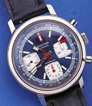 SPORTING ARMBANDCHRONOGRAPH, SCHWEIZ UM 1969EDELST., BODEN GESCHR., BEI FERTIGST. WASSER- GESCH., ZIFFERBL. FARBL. DIFF., 30-MIN.- U. ...