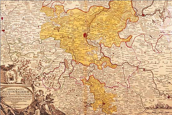 ALTKOLOR. KUPFERSTICHK. V. HOMANN, CA. 1740, SAXONIAE TRACTUS DUCATUM MAGDEBURG- ENSEM, MIT GR. PRACHTVOLLER VON FIGURENSTAF- FAGEN UND ...
