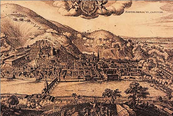 KUPFERSTICH, M. MERIAN, WAHRE CONTRAFACTUR DER CHURFüRSTL. STATT HEIDELBERG, WIE DIESSELBIGE VON GERNAL TILLY BELAGERT UND EINGENOMMEN ...