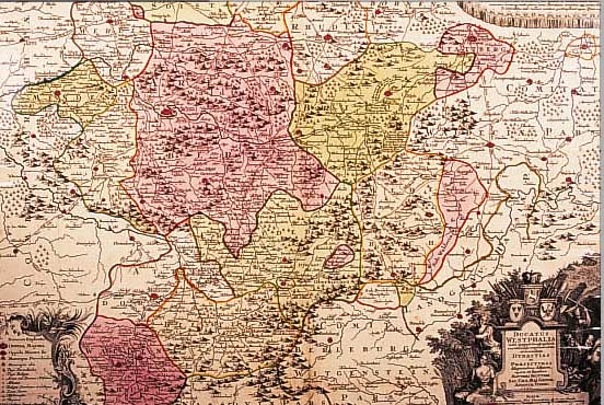 ALTKOLOR. KUPFERSTICHK., V. SEUTTER, CA. 1730, DUCATUS WESTPHALIA NOVA MAPPE GEO- GRAHICA..., MIT üBERGR. PRACHTVOLLER TITEL- KARTUSCHE ...