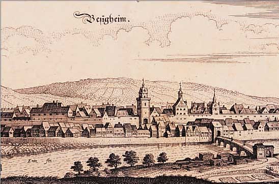KONVOLUT VON 2 BLATT BADEN-WüRTTEMBERG, 1.) KUPFERSTICH M. MERIAN, BESIGHEIM, TADEL- LOSES BLATT, 12 X 32,5 CM; 2.) ALTKOLOR. ...