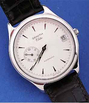 ZENITH HERRENARMBANDUHR ELITE AUTOMATIK, EDELST., BEIDS. SAPHIRVERGL., KL. SEK. BEI 9, DATUM BEI 3, ORIG.-LEDERB. M. EDELST.- STIFTSCHL., ...