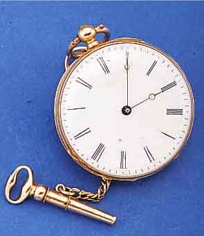 TASCHENUHR OFFEN, SCHWEIZ UM 1865, GG 750/ 000, BODEN SYM. GUILL., EMAILBL., GEBL. STAHLZEIGER, GOLDCUV., GOLDSCHLüSSEL M. EINS. SPERRE, ...