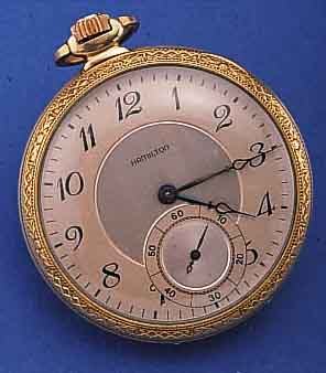 HAMILTON HERRENTASCHENUHR LEPINE, REF.-NR. 145767, USA UM 1928, GRüN-G-FILLED, 2-FARB. VERS. BLATT, ORIG. GEBL. STAHLZEIGER, 17 ST., KAL. 912, ...