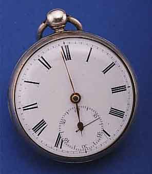 J. JOHNSTONE & CO HERRENTASCHENUHR, REG.-NR.1629, LIVERPOOL UM 1845, SILBER, EINFACHE STOPPFKT. DURCH SCHIEBER AUßEN 2, EMAILBL. L. BESCH. IM ...