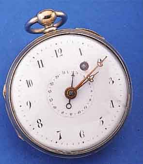 SPINDELHERRENTASCHENUHR MIT DATUMANZEIGE, SCHWEIZ UM 1835, NICKEL, GEW. EMAILBL. IM AUFZUGBER. BESCH., VERG. PLATINENW., ANTRIEB üBER KETTE ...