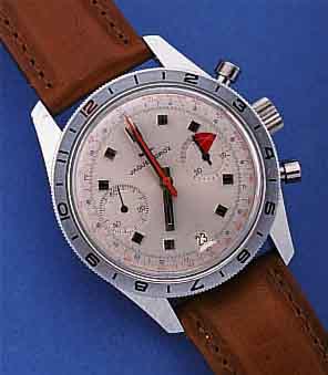 JAQUET DROZ ARMBANDCHRONOGRAPH, SCHWEIZ UM 1938, UNGETR. LAGERW., METALL HARTVERCHR., EDELST.-BODEN GEDR., LüNETTE ZUR ZWEITZEIT M. ...