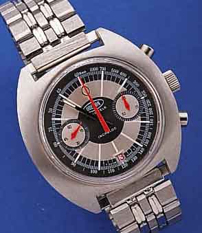 OBERON ARMBANDCHRONOGRAPH, SCHWEIZ UM 1970, EDELST., BODEN GESCHR., NEUTR. EDELST.-BAND, UNGETR. LAGERW., 45-MIN.-STOPPZäHLER, DATUM, ...