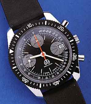 O & W ARMBANDCHRONOGRAPH PRECISION, SCHWEIZ UM 1968, UNGETR. LAGERW., METALL HARTVERCHR., BODEN GESCHR., LüNETTE BEIDS. DREHB., ...