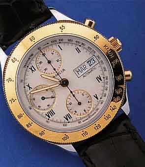 LANCIA ARMBANDCHRONOGRAPH AUTOMATIK, SCHWEIZUM 1995, EDELST. POL., BODEN GESCHR., LüNETTE,DRüCKER U. KRONE HARTVERG., EMAILFARB. BLATT, TAG U. ...