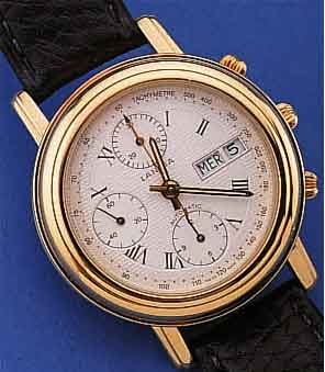 LANCIA ARMBANDCHRONOGRAPH AUTOMATIK, SCHWEIZUM 1989, METALL HARTVERG., BEIDS. MINERAL- FLACHVERGL., 30-MIN. U. 12-STD.-STOPPZäHLER, TAG U. ...