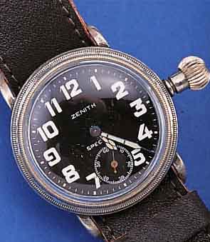 ZENITH FLIEGERUHR SPECIAL, GEH VERN., BODEN U. GLASR. GESCHR., EMAIL-KONTRASTZIFFERBL. IM AUßENBER. L. BESCH., WERKS. VERGL., 15 ST., RUNDANKERW. ...