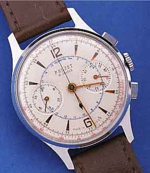 POLJOT ARMBANDCHRONOGRAPH, SOWJETUNION UM 1959, METALL VERCHR., EDELST.-BODEN U. GLASR. GEDR., VERS. BLATT, TELE- U. TACHYMETERAUßEN- SKALA, ...