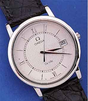OMEGA HERRENARMBANDUHR DE VILLE QUARTZ, SCHWEIZ UM 1998, EDELST. POL., VERS. BLATT, FLACHE GESAMTAUSF., ORIG.-LEDERB., ETUI, ...