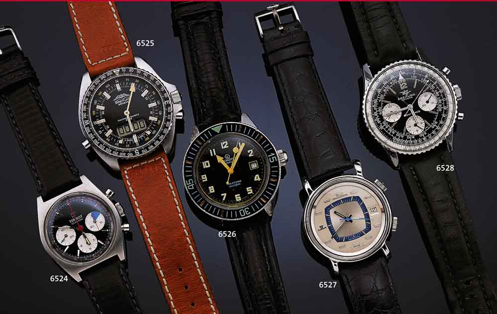 TISSOT ARMBANDCHRONOGRAPH SEASTAR, SCHWEIZ UM 1965, EDELST., BODEN GESCHR., WENIG GEN., LEDERB., SCHW. KONTRASTZIFFERBL. M. 30-MIN.- U. ...