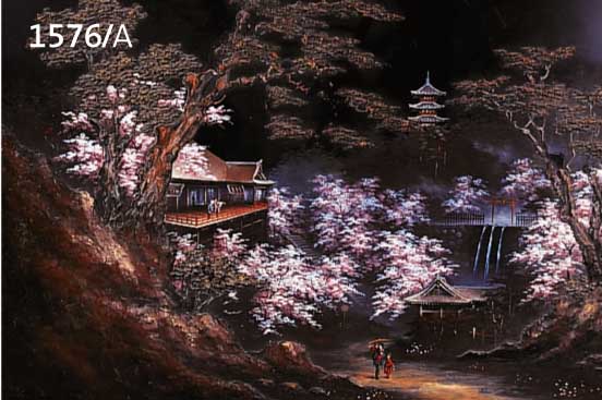 ZWEI WANDPANEELE, JAPAN, 19. JH., A) LAND- SCHAFT MIT NADELBäUMEN UND BRüCKENSTEG üBER FLUSSLAUF; B) TEMPELBEZIRK ZUR KIRSCHBLüTEN- ZEIT, ...