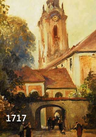 BECK, M., ANFANG 20. JH., WOHL LUDWIG MARIA,KIRCHGäNGER VOR DER DüRNSTEINER KLOSTERKIRCHE,ÖL/LWD./PAPPE, SIGN., 50 X 37.5 CM, R.