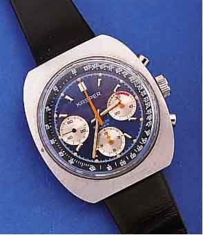 KASPER ARMBANDCHRONOGRAPH, SCHWEIZ/FRANK- REICH UM 1970, EDELST., BODEN GESCHR., 30- MIN.- U. 12-STD.-STOPPZäHLER, TACHYMETERAUßEN-SKALA, 17 ...