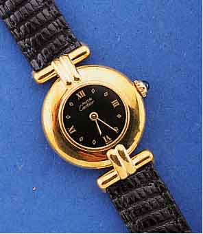 CARTIER DAMENARMBANDUHR, SCHWEIZ UM 1998, 925ER SILBER HARTVERG., SCHMUCKKRONE, SAPHIR- FLACHGL., LEDERB. M. ORIG.-STIFTSCHL., WOHL UNGETR. ...