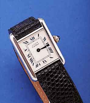 CARTIER DAMENARMBANDUHR TANK, 925ER SILBER RHOD., SCHMUCKKRONE, KONTRASTZIFFERBL., GEBL. STAHLZEIGER, ORIG.-LEDERB. M. UNSICHTB. FALT- SCHL., ...