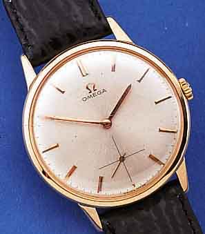 OMEGA HERRENARMBANDUHR, SCHWEIZ UM 1964, ROSE-G. 750/000, BODEN U. GLASR. GEDR., VERS. BLATT, AUFGES. RG-STD.-ZEICHEN, RG-ZEIGER, WERK ...