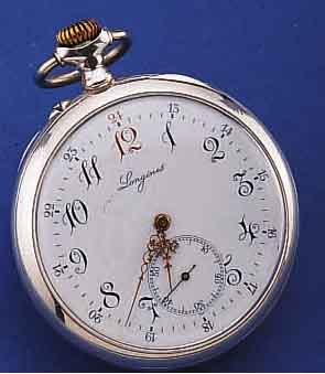 LONGINES HERRENTASCHENUHR OFFEN, SCHWEIZ UM 1906, 900ER SILBER, BER., SCHöNES EMAILBL. M. ROTER 12 U. 24 (FEIN HAARR. BEI 10, M. LUPE ERKENNB.), ...