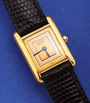 CARTIER DAMENARMBANDUHR TANK, HIGH-TECH- QUARTZW., SCHWEIZ UM 1992, 925ER SILBER, SCHMUCKKRONE, TRICOLOR-ZIFFERBL., BOMB. MINE- RALGL., ...