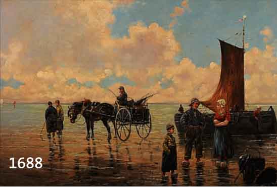 MAY, F., MITTE 20. JH., FISCHERVOLK MIT PFERDEKARREN UND BOOT AM STRAND, ÖL/LWD., SIGN., 60 X 80 CM, R.