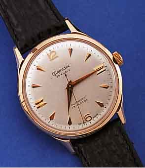 GIGANDET HERRENARMBANDUHR AUTOMATIK, SCHWEIZUM 1957, RG 750/000, BODEN GESCHR., BLATT REST., 25 ST., ZENTRALROTOR, BASISKAL. FELSA 1560, ...