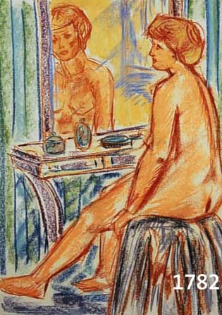 BOGDANBOGDANOVIC, BORESLAV, 1899 RUMA - 1970 SCOTTSDALE, SITZENDER WEIBLICHER AKT VOR DEM SCHMINK- TISCH, KOHLE UND FARBKREIDE AUF PAPIER, LI. ...