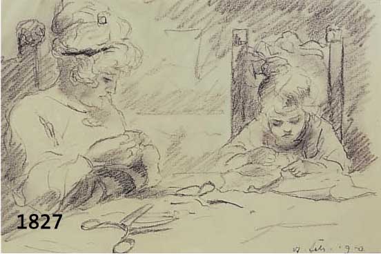 DILL, OTTO, 1884 NEUSTADT-1957 BAD DüRKHEIM, MUTTER UND KIND IN DER STUBE, BLEISTIFT AUF PAPIER, RE. U. BEZ.: 27. FEBR. 1920 ABENDS, CA. ...