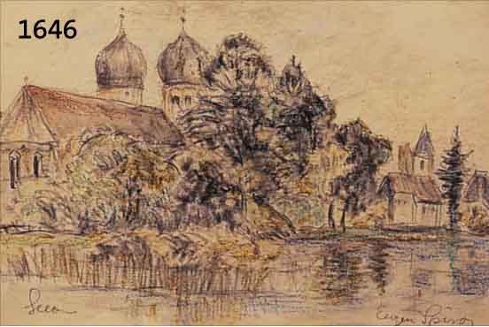 SPIRSPIRO, EUGEN, 1874 BRESLAU-1972 NEW YORK, ANSICHT VON SEEON AM CHIEMSEE, BLEISTIFT UND BUNSTIFT AUF PAPIER, RE. U. SIGNIERT, CA. 20,5 X 30 ...