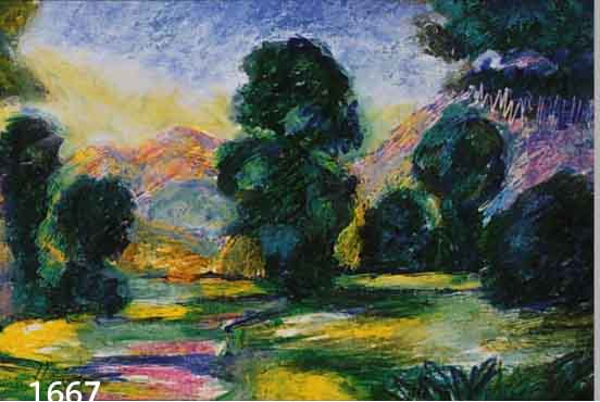 HALLHALLER, EUGEN, 1899 STUTTGART-1972 MÜNCHEN, VORGEBIRGSLANDSCHAFT MIT BÜSCHEN UND BÄUMEN, WACHSSTIFT UND GOUACHE AUF PAPIER, LI. U. SIGN., ...