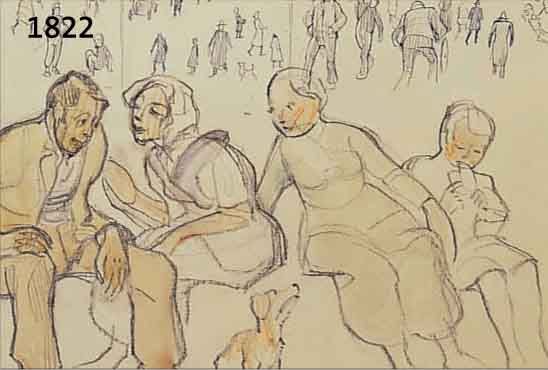 STEIGERWALD, ERNST, FAMILIE MIT HUND, AQUARELLIERTE BLEISTIFT- ZEICHNUNG, IM HINTERGRUND VIELFIGURIGE ...